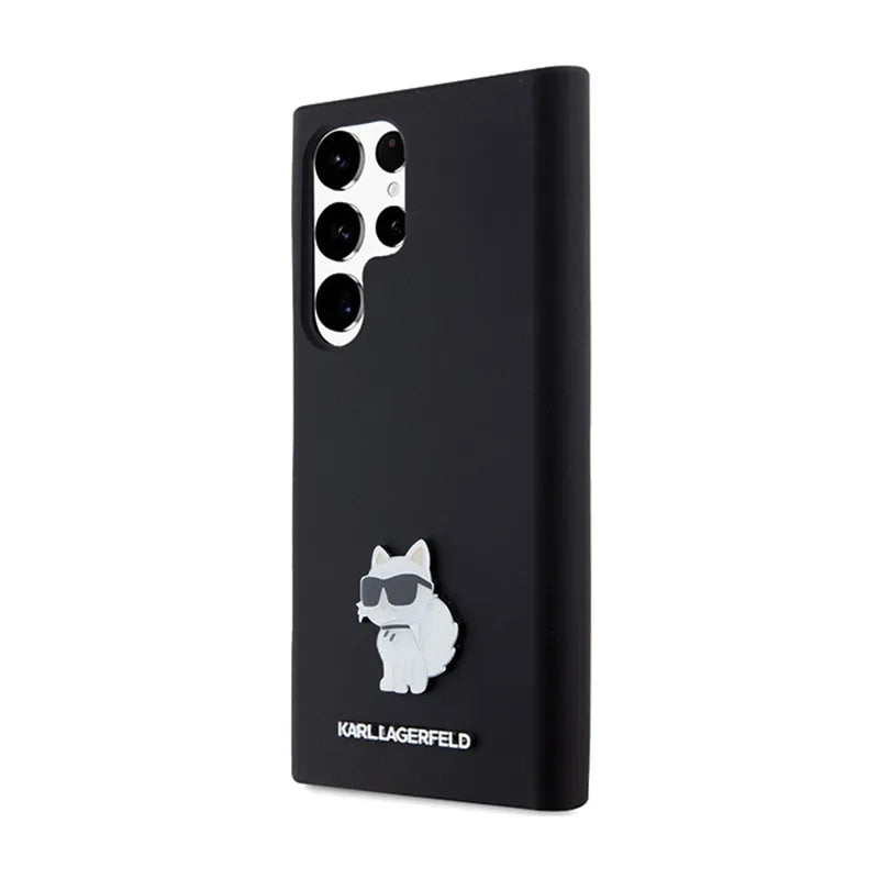 Karl Lagerfeld silikoninis „Choupette“ metalinis segtukas – dėklas „Samsung Galaxy S24 Ultra“ (juodas)
