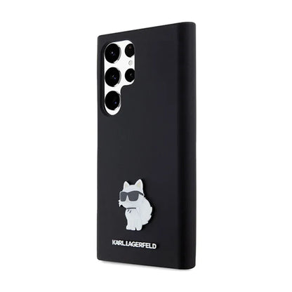 Karl Lagerfeld silikoninis „Choupette“ metalinis segtukas – dėklas „Samsung Galaxy S24 Ultra“ (juodas)
