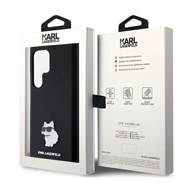 Karl Lagerfeld silikoninis „Choupette“ metalinis segtukas – dėklas „Samsung Galaxy S24 Ultra“ (juodas)