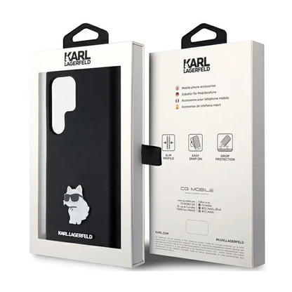 Karl Lagerfeld silikoninis „Choupette“ metalinis segtukas – dėklas „Samsung Galaxy S24 Ultra“ (juodas)