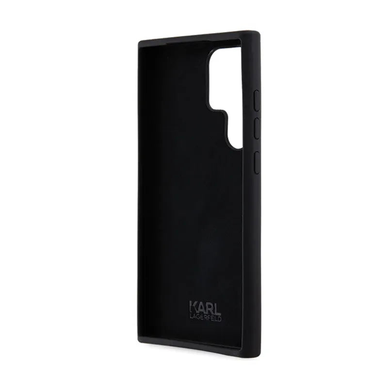 Karl Lagerfeld silikoninis „Choupette“ metalinis segtukas – dėklas „Samsung Galaxy S24 Ultra“ (juodas)