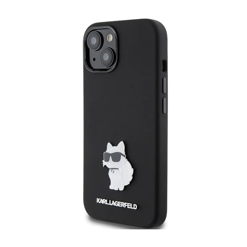 Karl Lagerfeld silikoninis "Choupette" metalinis segtukas – „iPhone 15 Plus“ dėklas (juodas)