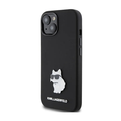 Karl Lagerfeld silikoninis "Choupette" metalinis segtukas – „iPhone 15 Plus“ dėklas (juodas)
