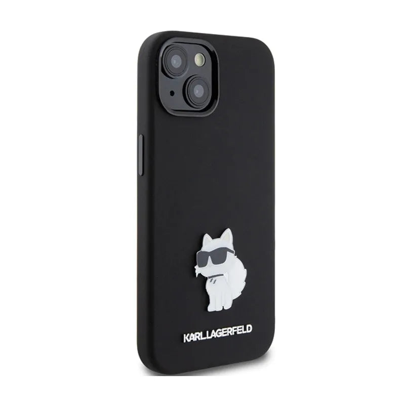 Karl Lagerfeld silikoninis "Choupette" metalinis segtukas – „iPhone 15 Plus“ dėklas (juodas)