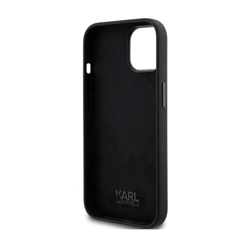 Karl Lagerfeld silikoninis "Choupette" metalinis segtukas – „iPhone 15 Plus“ dėklas (juodas)