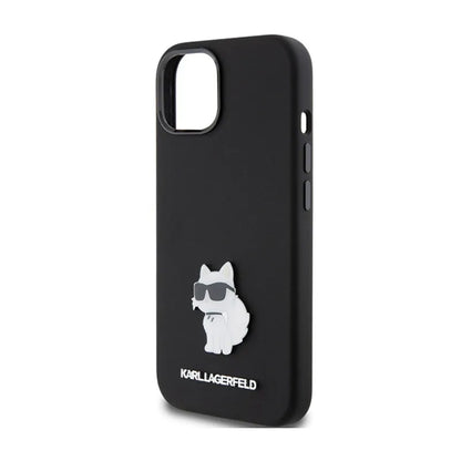Karl Lagerfeld silikoninis "Choupette" metalinis segtukas – „iPhone 15 Plus“ dėklas (juodas)
