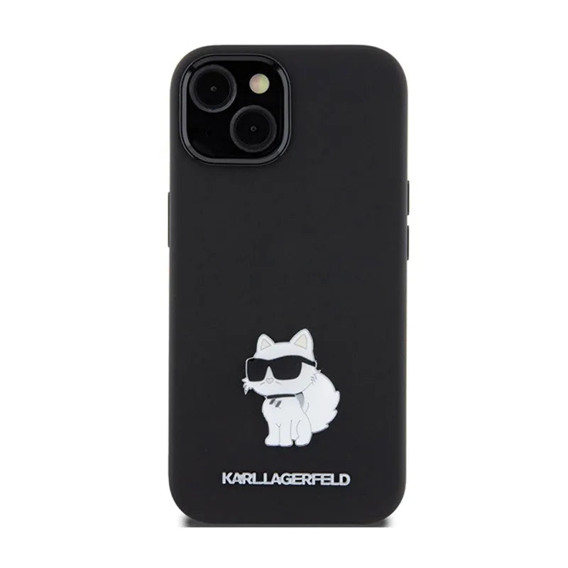 Karl Lagerfeld silikoninis "Choupette" metalinis segtukas – „iPhone 15 Plus“ dėklas (juodas)