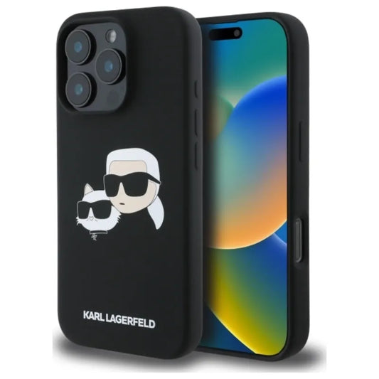 Karl Lagerfeld Silikoninis dėklas „Double Heads Print MagSafe“ – „iPhone 16 Pro“ (juodas)