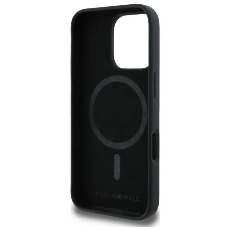 Karl Lagerfeld Silikoninis dėklas „Double Heads Print MagSafe“ – „iPhone 16 Pro“ (juodas)