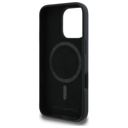 Karl Lagerfeld Silikoninis dėklas „Double Heads Print MagSafe“ – „iPhone 16 Pro“ (juodas)