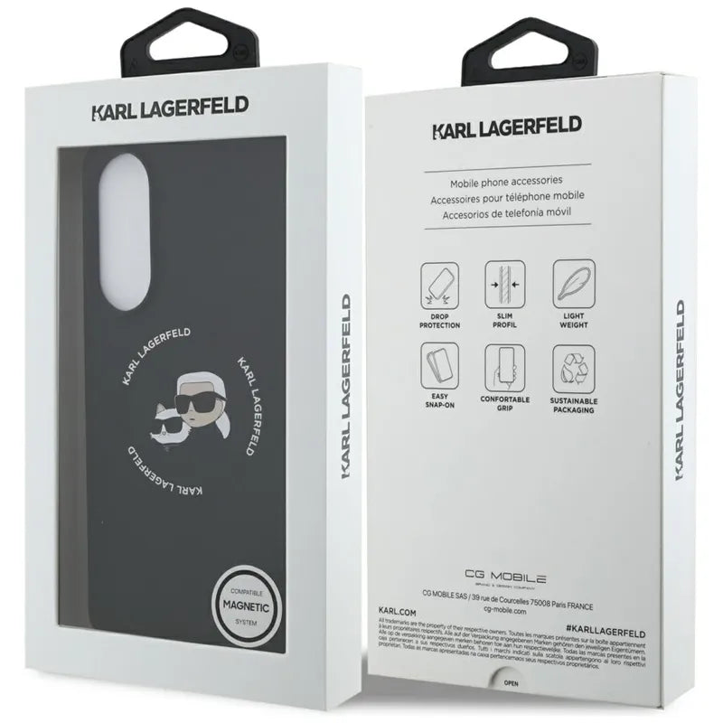 Karl Lagerfeld Silikoninis Dėklas su Dvigubomis Galvutėmis ir Apskritimu MagSafe – Samsung Galaxy S25 Edge (juodas)