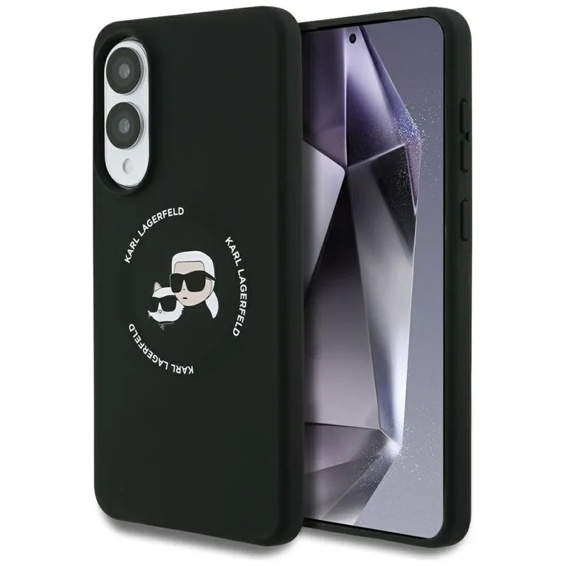Karl Lagerfeld Silikoninis Dėklas su Dvigubomis Galvutėmis ir Apskritimu MagSafe – Samsung Galaxy S25 Edge (juodas)