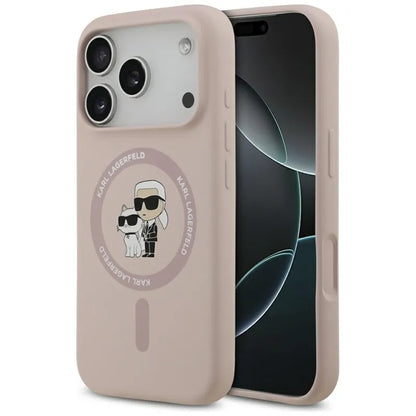 Karl Lagerfeld Silikoninis dėklas su Karl & Choupette žiedu MagSafe iPhone 17 Pro (rožinis)
