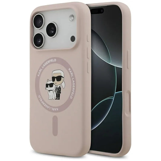 Karl Lagerfeld Silikoninis dėklas su Karl & Choupette žiedu MagSafe iPhone 17 Pro (rožinis)