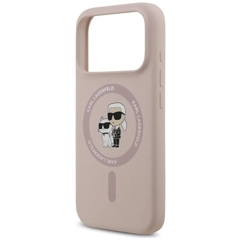 Karl Lagerfeld Silikoninis dėklas su Karl & Choupette žiedu MagSafe iPhone 17 Pro (rožinis)