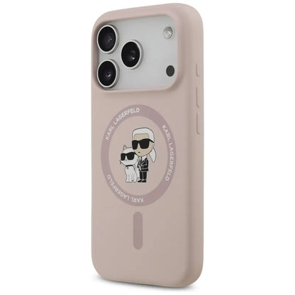 Karl Lagerfeld Silikoninis dėklas su Karl & Choupette žiedu MagSafe iPhone 17 Pro (rožinis)