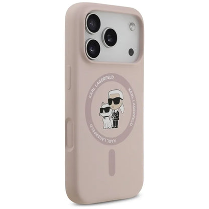 Karl Lagerfeld Silikoninis dėklas su Karl & Choupette žiedu MagSafe iPhone 17 Pro (rožinis)