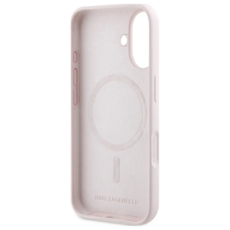 Karl Lagerfeld silikoninis „Double Heads Print MagSafe“ dėklas „iPhone 16“ (rožinis)