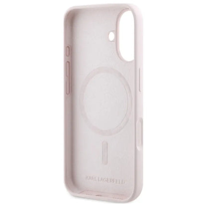 Karl Lagerfeld silikoninis „Double Heads Print MagSafe“ dėklas „iPhone 16“ (rožinis)