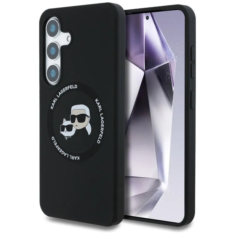 Karl Lagerfeld Silikoninis dvigubos galvutės ir apskritimo „MagSafe“ – dėklas, skirtas „Samsung Galaxy S25“ (juodas)