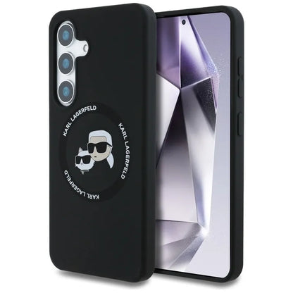 Karl Lagerfeld Silikoninis dvigubos galvutės ir apskritimo „MagSafe“ – dėklas, skirtas „Samsung Galaxy S25“ (juodas)