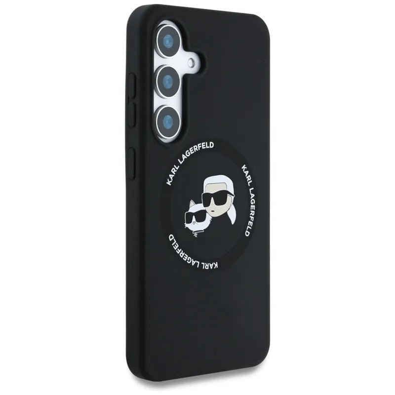 Karl Lagerfeld Silikoninis dvigubos galvutės ir apskritimo „MagSafe“ – dėklas, skirtas „Samsung Galaxy S25“ (juodas)