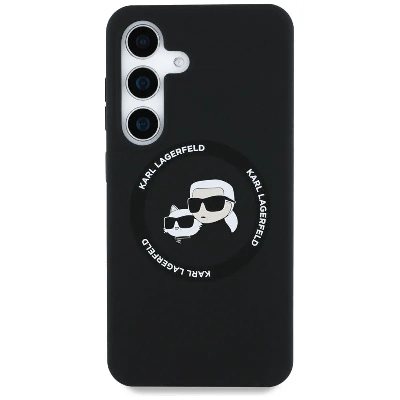 Karl Lagerfeld Silikoninis dvigubos galvutės ir apskritimo „MagSafe“ – dėklas, skirtas „Samsung Galaxy S25“ (juodas)