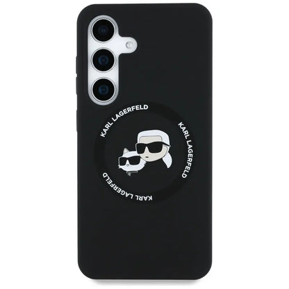 Karl Lagerfeld Silikoninis dvigubos galvutės ir apskritimo „MagSafe“ – dėklas, skirtas „Samsung Galaxy S25“ (juodas)