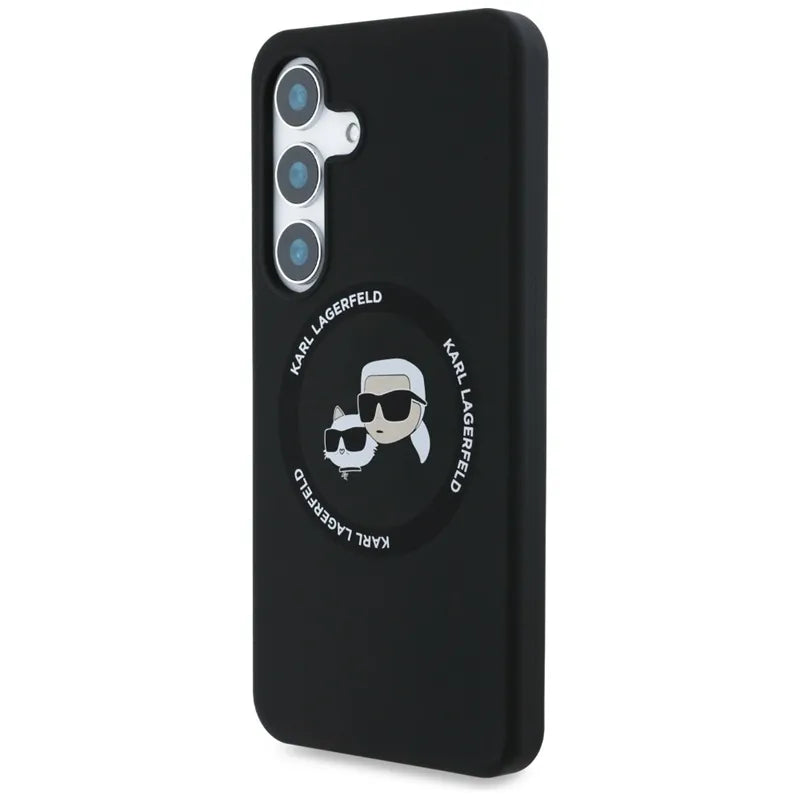 Karl Lagerfeld Silikoninis dvigubos galvutės ir apskritimo „MagSafe“ – dėklas, skirtas „Samsung Galaxy S25“ (juodas)