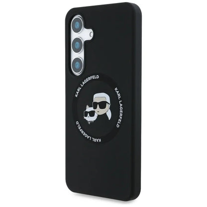 Karl Lagerfeld Silikoninis dvigubos galvutės ir apskritimo „MagSafe“ – dėklas, skirtas „Samsung Galaxy S25“ (juodas)