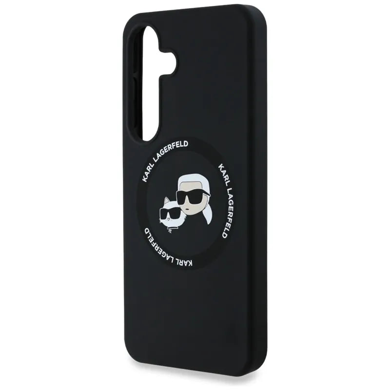 Karl Lagerfeld Silikoninis dvigubos galvutės ir apskritimo „MagSafe“ – dėklas, skirtas „Samsung Galaxy S25“ (juodas)