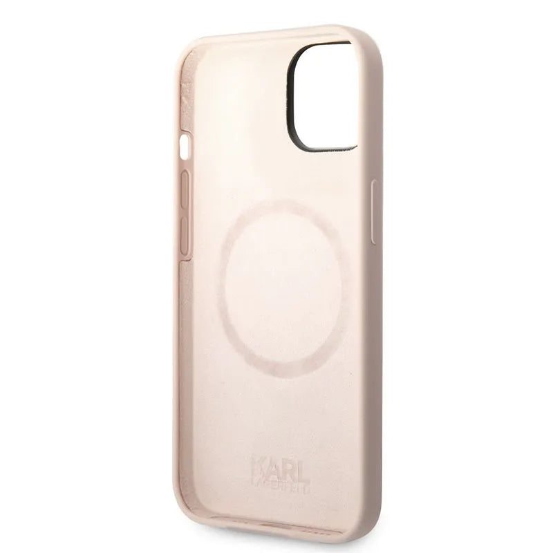 Karl Lagerfeld silikoninis Ikonik Karl'o galvos dėklas su MagSafe, skirtas iPhone 14 Plus (rožinis)