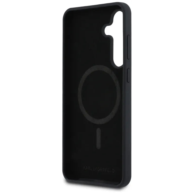 Karl Lagerfeld Silikoninis Karl & Choupette Galvutės MagSafe – Dėklas Samsung Galaxy S25 FE (juodas)