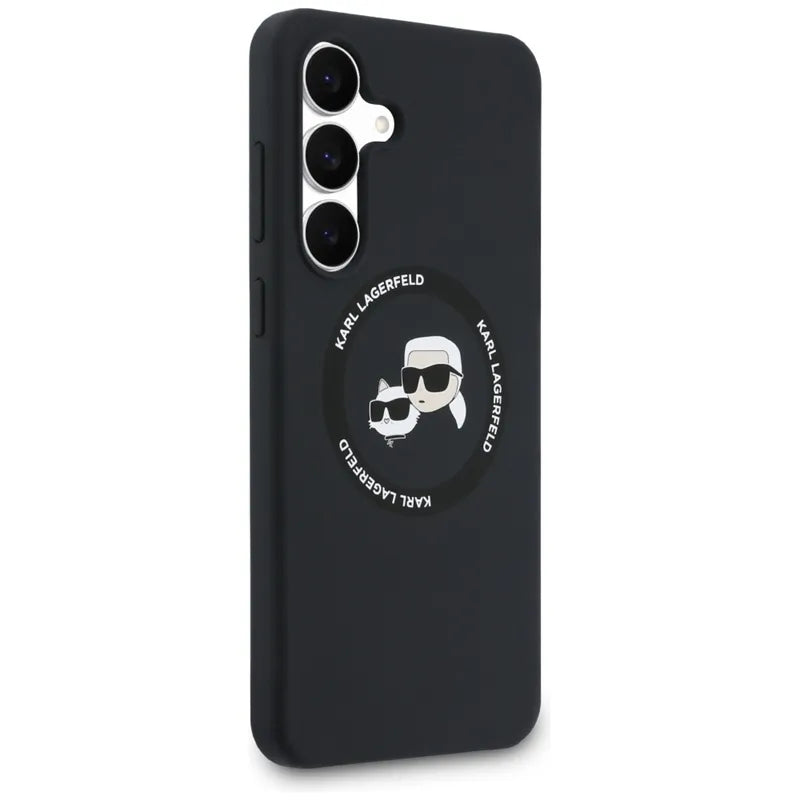 Karl Lagerfeld Silikoninis Karl & Choupette Galvutės MagSafe – Dėklas Samsung Galaxy S25 FE (juodas)