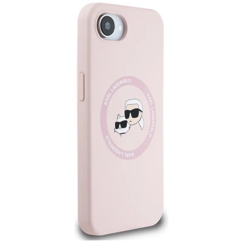 Karl Lagerfeld silikoninis Karl & Choupette Heads MagSafe – dėklas iPhone 16e (rožinis)