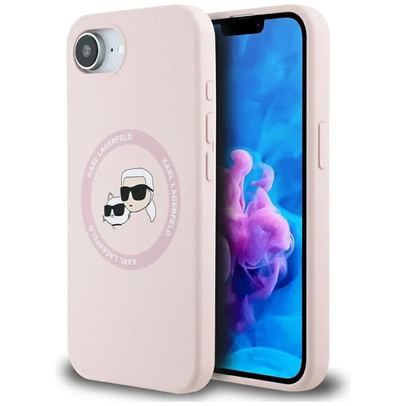 Karl Lagerfeld silikoninis Karl & Choupette Heads MagSafe – dėklas iPhone 16e (rožinis)