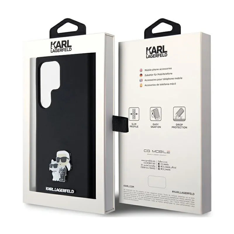 Karl Lagerfeld Silikoninis Karl & Choupette Metal Pin - dėklas Samsung Galaxy S24 Ultra (juodas)