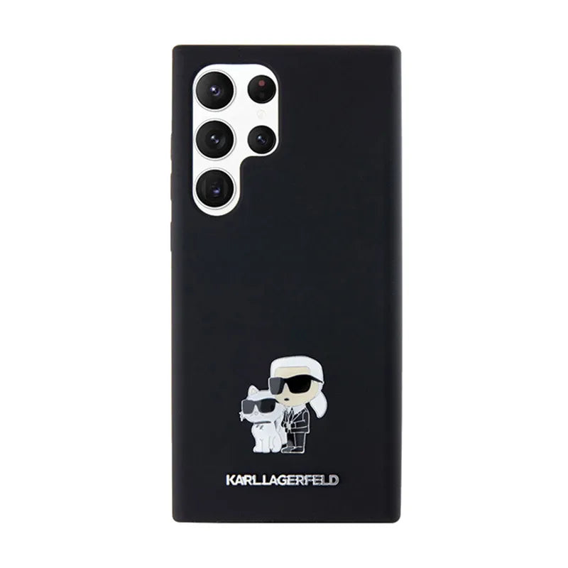 Karl Lagerfeld Silikoninis Karl & Choupette Metal Pin - dėklas Samsung Galaxy S24 Ultra (juodas)