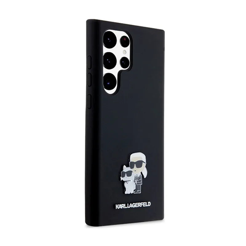 Karl Lagerfeld Silikoninis Karl & Choupette Metal Pin - dėklas Samsung Galaxy S24 Ultra (juodas)