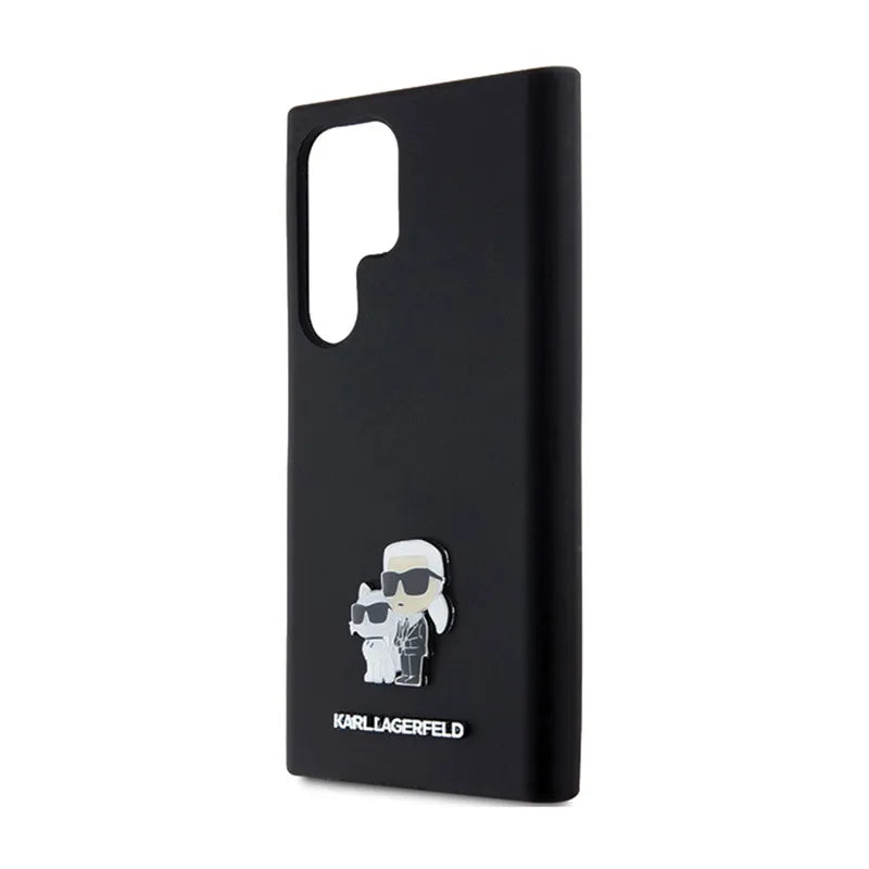 Karl Lagerfeld Silikoninis Karl & Choupette Metal Pin - dėklas Samsung Galaxy S24 Ultra (juodas)