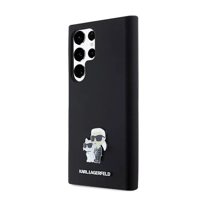 Karl Lagerfeld Silikoninis Karl & Choupette Metal Pin - dėklas Samsung Galaxy S24 Ultra (juodas)