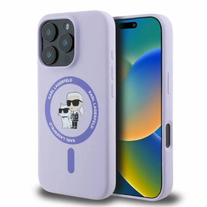 Karl Lagerfeld Silikoninis Karl & Choupette Ring MagSafe – dėklas iPhone 16 Pro (violetinis)