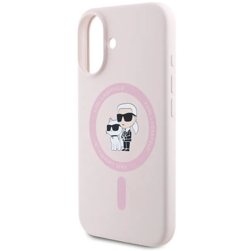 Karl Lagerfeld silikoninis „Karl & Choupette Ring MagSafe“ – dėklas, skirtas „iPhone 16“ (rožinis)
