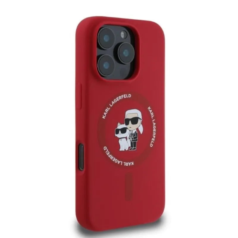 Karl Lagerfeld Silikoninis Karl & Choupette žiedas MagSafe – dėklas iPhone 16 Pro Max (raudonas)
