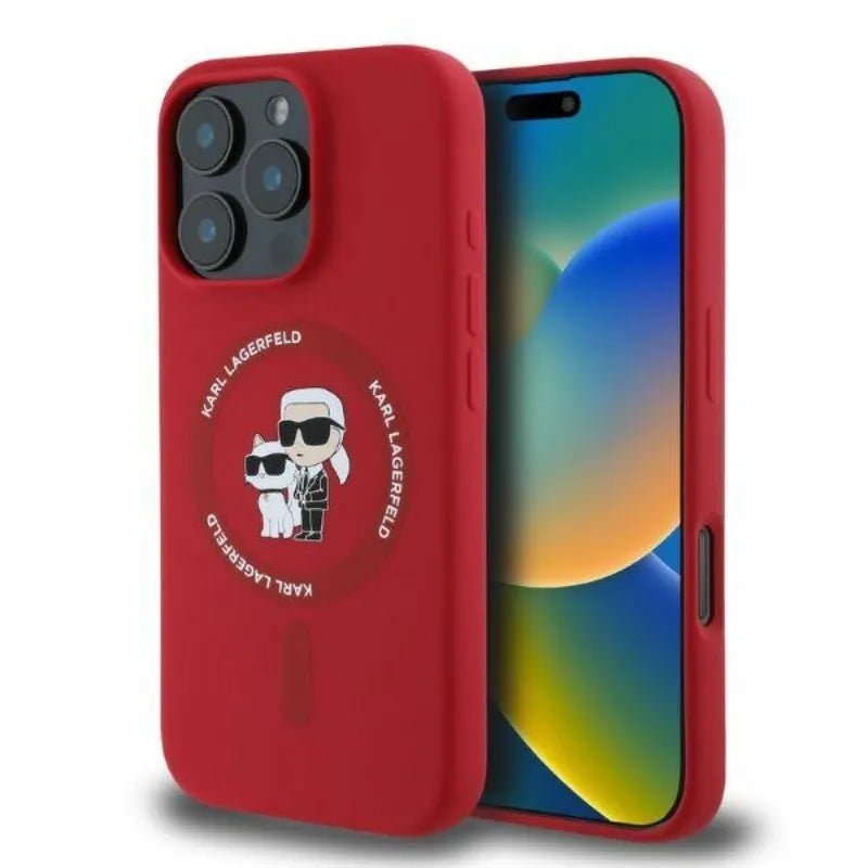 Karl Lagerfeld Silikoninis Karl & Choupette žiedas MagSafe – dėklas iPhone 16 Pro Max (raudonas)