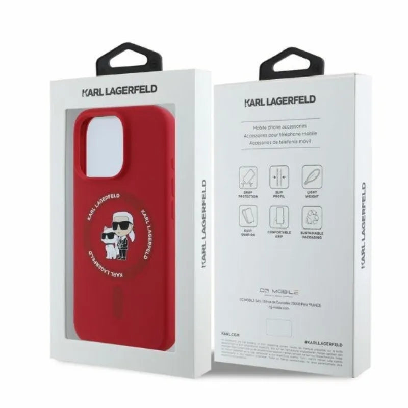 Karl Lagerfeld Silikoninis Karl & Choupette žiedas MagSafe – dėklas iPhone 16 Pro Max (raudonas)