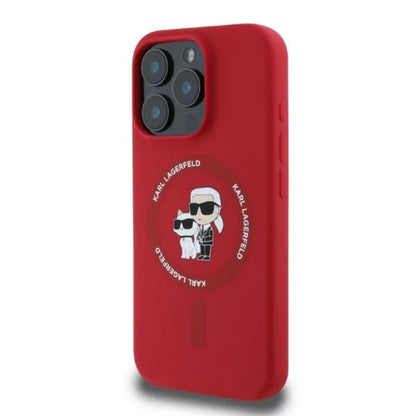 Karl Lagerfeld Silikoninis Karl & Choupette žiedas MagSafe – dėklas iPhone 16 Pro Max (raudonas)