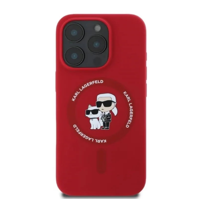 Karl Lagerfeld Silikoninis Karl & Choupette žiedas MagSafe – dėklas iPhone 16 Pro Max (raudonas)