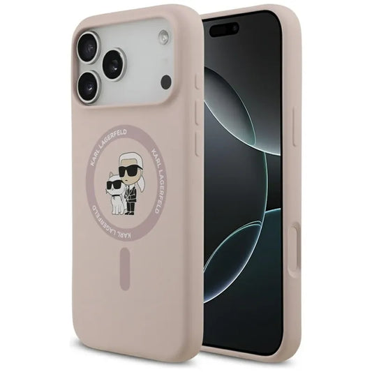 Karl Lagerfeld Silikoninis Karl & Choupette Žiedas MagSafe - Dėklas iPhone 17 Pro Max (rožinis)