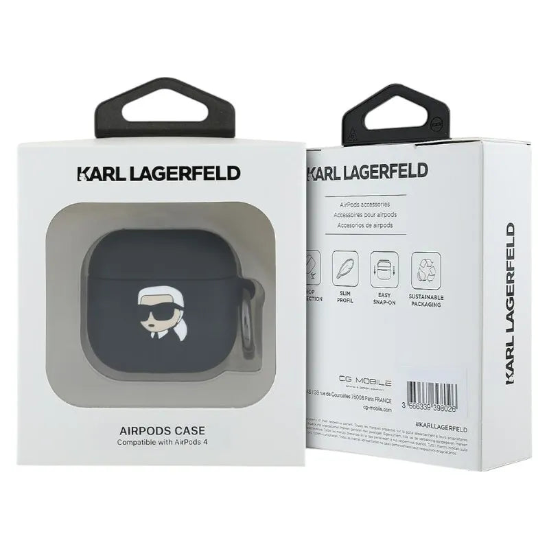 Karl Lagerfeld silikoninis Karl galvos 3D dėklas - AirPods 4 dėklas (juodas)